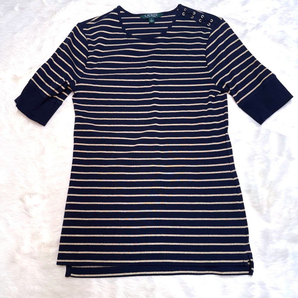 NWOT Lauren Ralph Lauren Navy Gold‎ Metallic Striped Lace Up Shoulder Top Medium